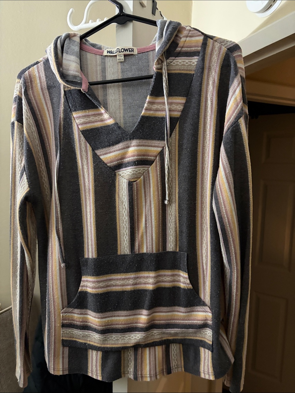 Wallflower Striped V-Neck Hoodie in Gray, Pink & Cream